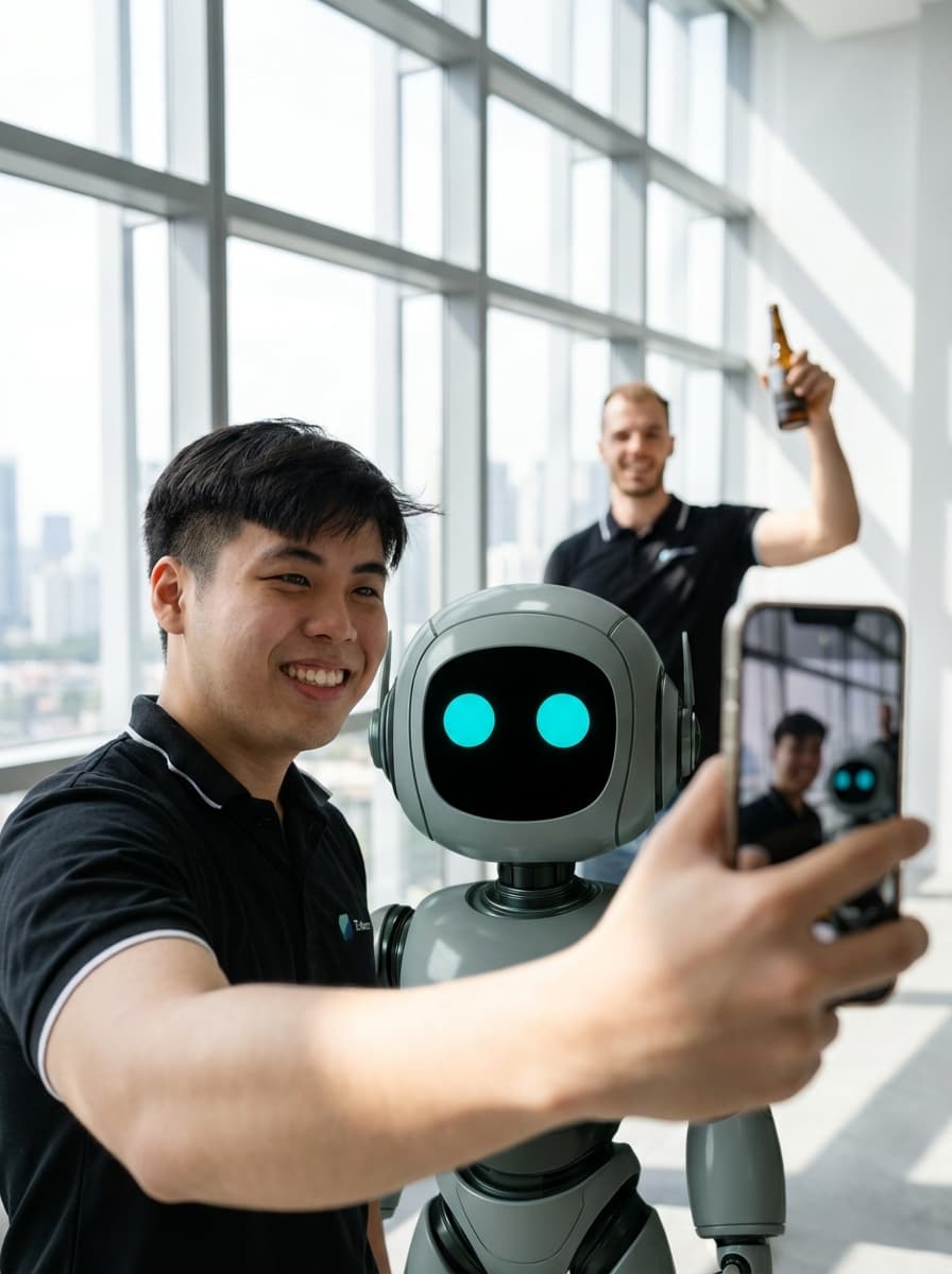 A playful AI-assisted creative scene with a team and robot